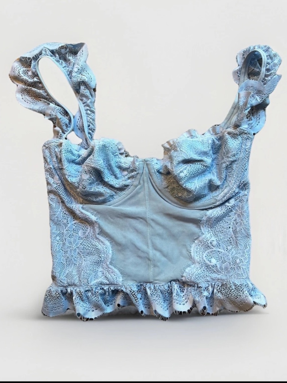 Free people MUGGI S Pure Luxury Wireless Bralette Bra Blue Floral Lace Ruffle